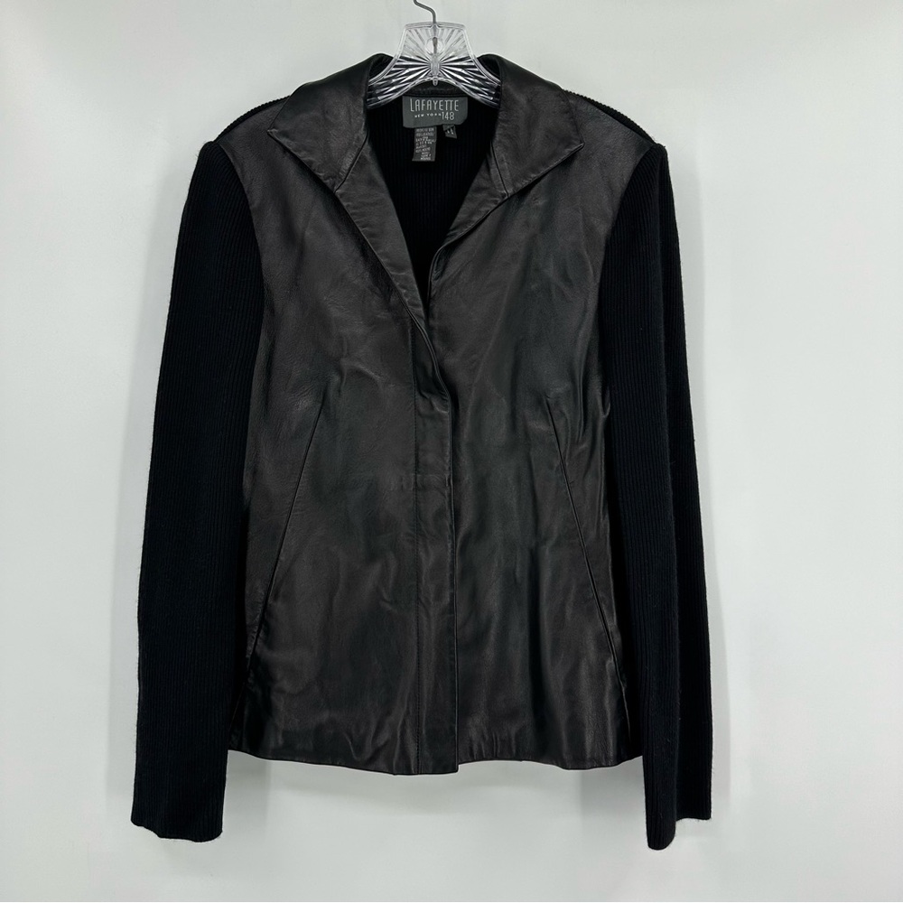 Lafayette 148 New York Leather Jacket Merino Wool Sleeves Black Size 6